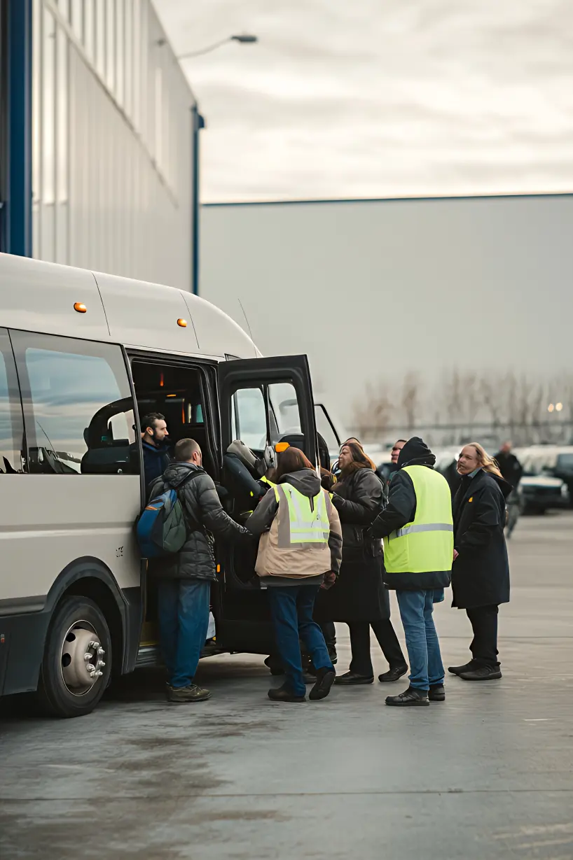 Warehouse staff boarding a minibus at a distribution centre