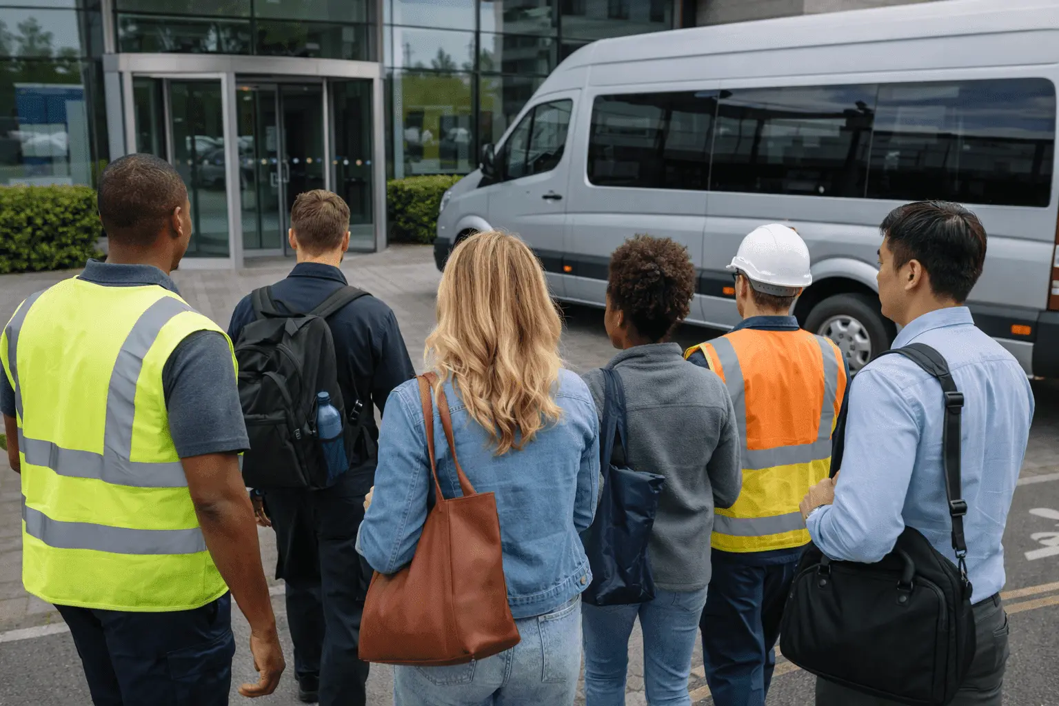 Workers boarding a staff minibus at a pickup point
